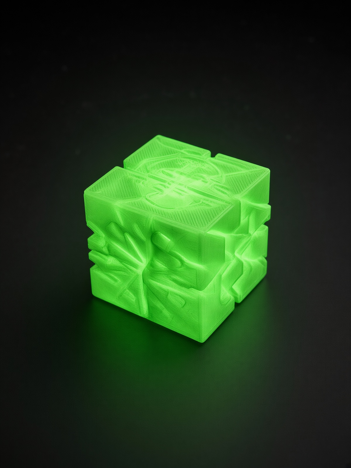 Glow green THE CUBE assembled in the dark